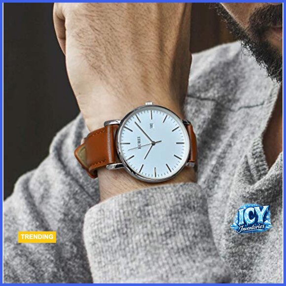 Brown Leather Stainless Steel Minimalist Quartz Watch Waterproof - Picture 5 of 7